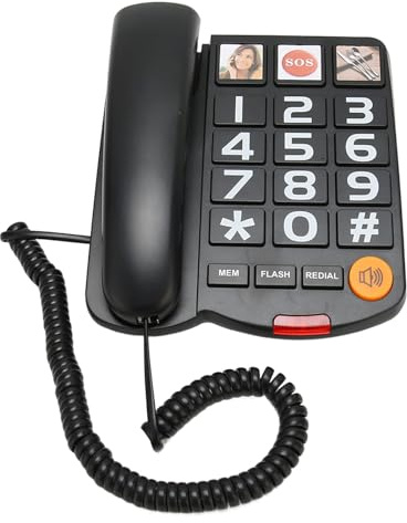 Großtastentelefon für Senioren, Schnurgebundenes Festnetztelefon, Bildtelefon für Senioren, Großtasten-Festnetztelefon für Sehbehinderte, Zielwahl, SOS (Schwarz)