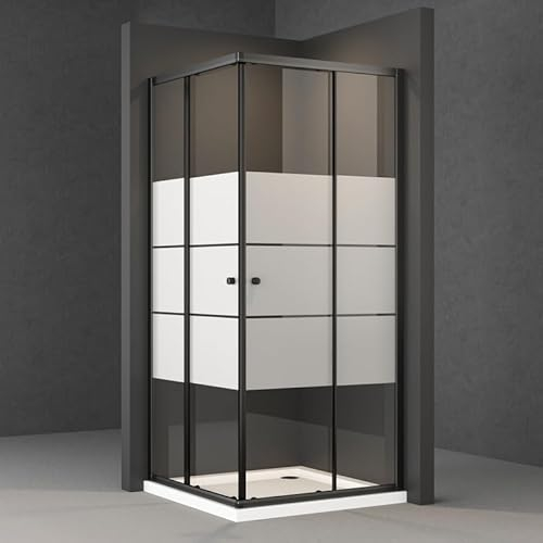 Eckeinstieg Duschkabine Schiebetür Schwarz 90x90x185cm Doppel Schiebetüren Gestreift Glas Eckeinstieg Duschabtrennung aus 5mm ESG Sicherheitsglas, Duschtür Dusche Duschwand Höhe 185cm