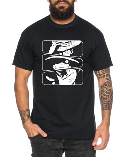 Ruffy Mix - Herren T-Shirt Straw Hat Luffy Zoro One Monkey D. Pirat Ace Piece Goku Anime Ruffy, Größe:M, Farbe:Schwarz
