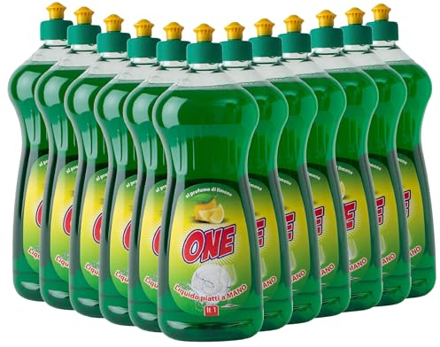 ONE - Pacco da 12 confezioni di 1 lt DETERSIVO LIQUIDO DETERGENTE PIATTI A MANO al profumo di limone - Neutralizza grasso e sporco - Pulizia a basso impatto ambientale
