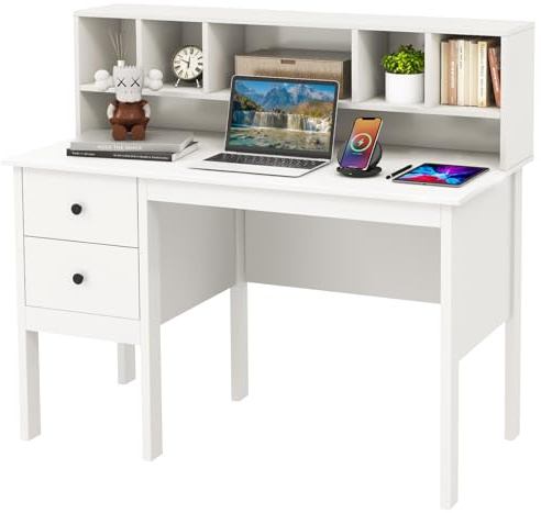 COSTWAY Scrivania con Cassetti e Libreria, Scrivania Salvaspazio con 5 Vani e 2 Cassetti, Scrivania Moderna da Ufficio e Casa, Bianco