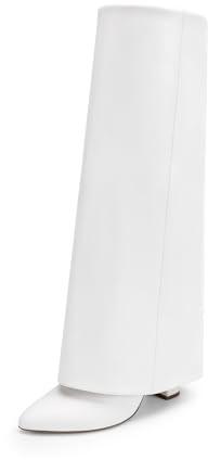 DREAM PAIRS Women's Knee-High Boots, Comfortable Chunky Block Heel Pointed Toe Pull On Side Zipper Suede Slouch Riding Boots SDKB2408W,Size 8,White-Pu,SDKB2408W