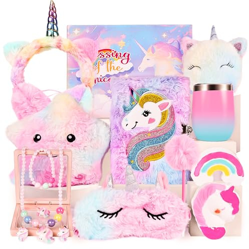 Herenear Einhorn Kuscheltier Tagebuch mit Schloss, Einhorn Geschenke für Mädchen, 12er Set Einhorn Plüsch Spielzeug Mädchen, Kuscheltier Leuchtende Geburtstag Geschenk
