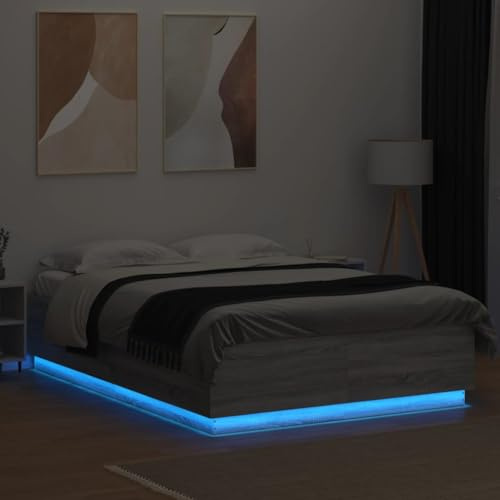 Faroom Holzbett Futonbett Bett 120 x 200 cm mit LED-Beleuchtung Bettrahmen Holzwerkstoff Einzelbett Doppelbett Bettgestell Grau Sonoma