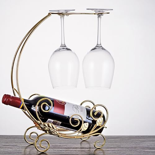 wine rack Freestanding Wine Holder, Tabletop Metal Wine Bottle Rack, Raised Vertical Countertop Wine Glass Display Organizer, Holds 1 Bottle and 2 Glasses, Plating Craft, for Cabinet, Pantry, Wine Bot
