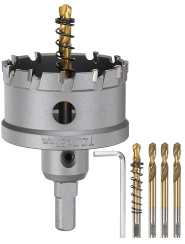 sourcing map Kit de sierra perforadora de carburo de 57 mm, juego de cortadores de agujeros de metal con 5 brocas centrales y resortes 1 llave para acero inoxidable, cobre, hierro, aluminio