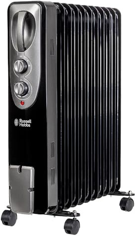 Russell Hobbs 2500W/2.5kW Oil Filled Radiator, 11 Fin Portable Electric Heater - Black, Adjustable Thermostat with 3 Heat Settings, Overheat Protection, 25m sq Room Size 2 Year Guarantee RHOFR1106B