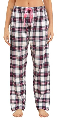 ENJOYNIGHT Schlafanzughose Damen Lang Flanell Pyjamahose Karierte Schlafhose Winter Weich Nachtwäsche Freizeithose mit Kordelzug (Small, Lila Kariert)