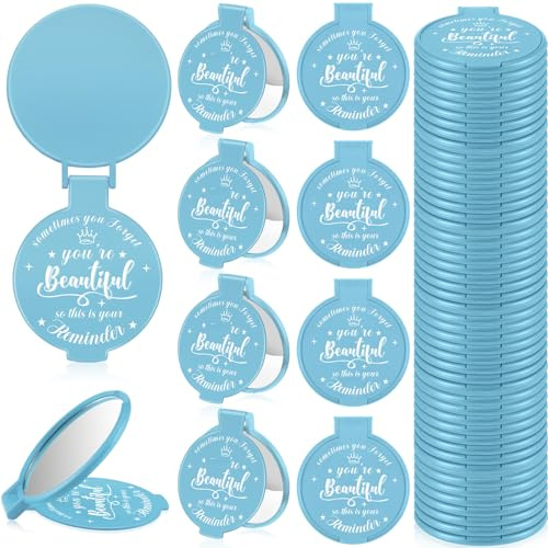 Gulfmew 36 Pcs 2.76 Inch Inspirational Compact Mirror Bulk Party Favors Quinceanera Gift Purse Small Mirror Pocket Mini Gifts for Women Adult Coworker Halloween Christmas Friends (Light Blue)