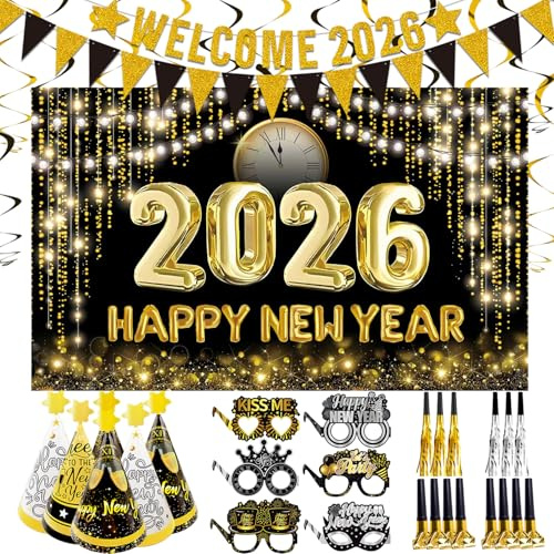 Silvester Deko 2025 Party Dekoration Set, XXL Happy New Year Deko, Partyhüte Partybrille Partytröten, Welcome 2025 Girlande, Neujahr Dekoration Set