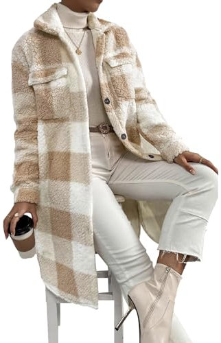 Qiamia Women’s Chic Plaid Print Warm Plush Long Coat, Cozy Lapel Fall Coat for Women (apricot,XL)