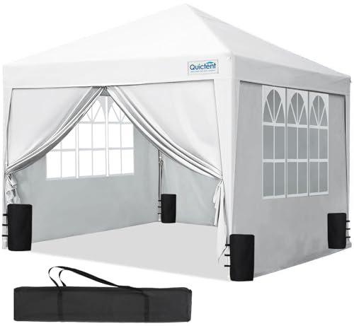 Quictent Pavilion 3 x 3 cm vikbar paviljong med 4 sidopaneler vattentät trädgårdspaviljong med 4 sandsäckar och rullväska, partytält för fester och loppmarknad, vit