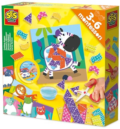SES Creative 14061 Montessori-Spielzeug - Formen schneiden Lernen mit kindersicherer Schere - Basteln mit 6 Plakaten, 2 Schneidekarten und Fingerkleber (sensorisch) - Für Kinder Ab 3 Jahren