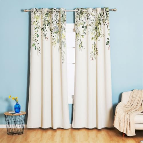 Tokusyou Gardiner med gröna blad ogenomskinliga gardiner med öljetter lantställe mörkläggningsgardin vintage dekorativ gardin termisk gardin, köldskydd, vit för sovrum, fönster 2 stycken, set 240 ×