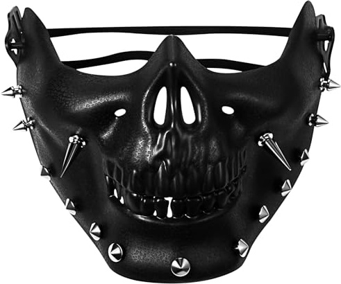 JewelryWe Masque Protection Demi Crâne : Masques Ghost Tête de Mort Effrayant Gothique Punk Réglable PU Plastique avec Rivet pour Cosplay Activités Extérieures Noir - Cadeau Halloween