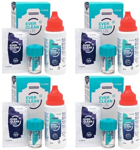 Avízor EVER clean PLUS (60ml + 8 Tablettes) - Pack 4 - Kit de Voyage - Solution de Nettoyage et Désinfection de Lentilles - Idéal pour les Voyages