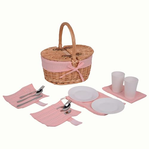 UNUS Cestino da picnic per bambini, ovale, in vimini con rivestimento in tessuto, set completo per 2 persone con posate, piatti e bicchieri, cestino portatile in vimini per picnic e gite