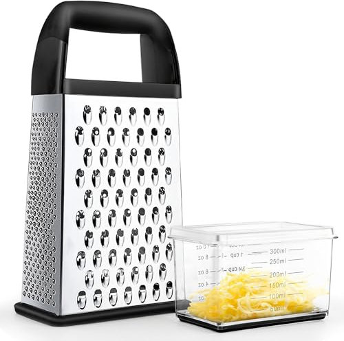 Rallador de queso con contenedor, rallador profesional de caja con 4 lados, ralladores de acero inoxidable de mano para cocina, apto para lavavajillas, triturador de alimentos para parmesano, verduras