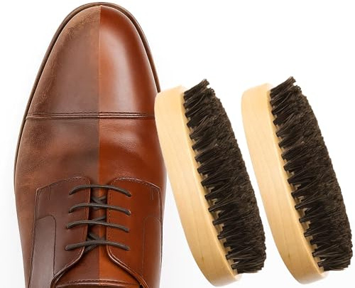 Wooden Shoe Brush Set - Pack of 2 | Wooden Handle Shoe Polish Applicator & Buffing Brush for Cleaning, Polishing & Shining Shoes