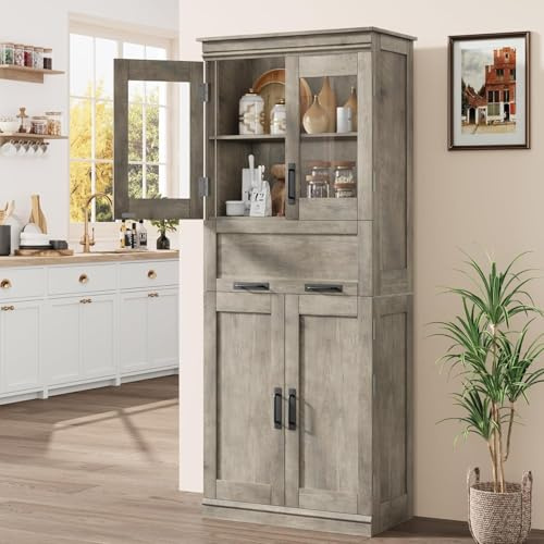 OPULENTHOME Rustikaler Brauner Vorratsschrank – 170 cm Hoher Freistehender Küchenschrank Mit Türen Und Regalen, Schublade für Wohnzimmer Und Badezimmer (Doppeltüren), Grau