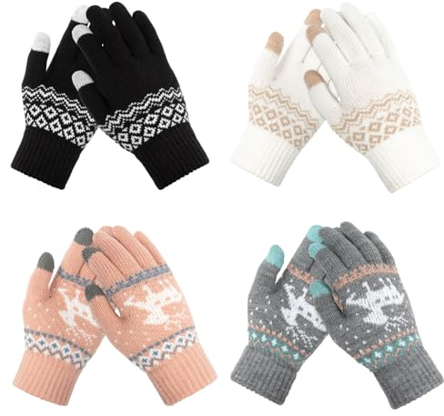 Youkly 4 Paare Handschuhe Damen Winter Warme, Handschuhe Damen Touchscreen, Gestrickt Verdicket Winterhandschuhe für Frauen und Männer, Weihnachten Renier und Schnee Blume Muster