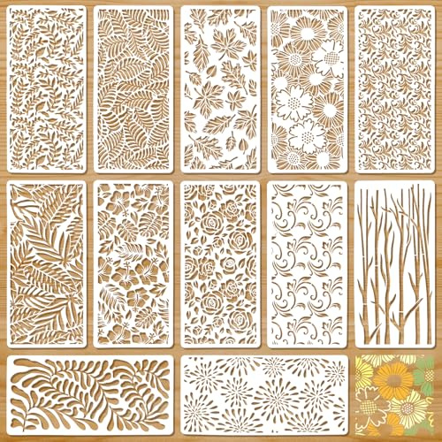JSRQT 12 Pezzi Stencil Texture di Fiori, Modello di Decorazione Foglie per Pittura, Set di Stencil Riutilizzabili in Plastica per Tela Legno Vetro Pavimenti Mobili, Creazione di Biglietti, 22×10.5 CM