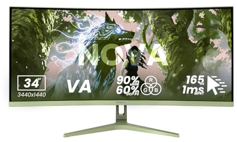 Arozzi Nova 34 Monitor Gaming Curvo VA UWQHD 3440×1440, 165 Hz, 1 ms, FreeSync, HDR, Ultrapanorámico, Altavoces Integrados – Forest Green