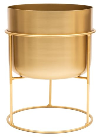 Olly & Rose Blumentopf aus gebürstetem goldfarbenem Metall mit goldfarbenem Ständer, Größe XL, 35 cm, großer Übertopf für den Innenbereich, modernes Design, dekorativer Blumentopf und Ständer aus