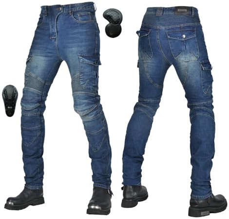 Moto Pantalon Protection pour Hommes, Moto Jeans en Respirant De Qualité Premium Straight Fit avec Amovible Protéger Pads pour Racing Vélo (Bleu,Grand)