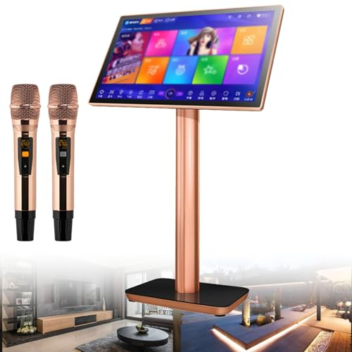 Máquina de karaoke profesional con micrófonos inalámbricos y pantalla táctil para fiestas en casa y entretenimiento en línea