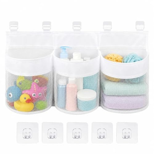 Badewannenspielzeug Aufbewahrung, 3 Fächer mit 5 Klebehaken, 59 cm | Badespielzeug Aufbewahrung aus Mesh; 59 x 25 x 13 cm; 3 Fächer; 5 Klebehaken; für Spielzeug und Badezubehör