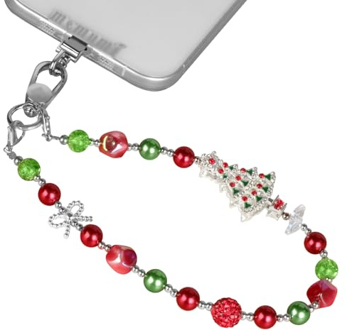 memumi Weihnachtstelefonkette mit Weihnachtsbaum, Handy Charm Perlen Lanyard, Urlaub handgemachte Handgelenk Lanyard für Frauen, Handkette Universal für Smartphones