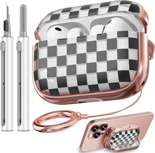 Inesore for AirPods Pro 3 Case (2025) with Lock-Black Checkerboard | Two-Piece Design,with Gold Keychain & Clean Pen, As Phone Stand,Support Wireless Charging,Cute Luxury Case for Women Girly