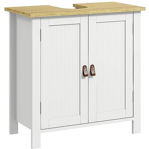 kleankin Under Sink Bathroom Cabinet, Modern Freestanding Under Sink Cabinet with Adjustable Shelf, 2 Doors and PU Pulls for Basin without Pedestal, White