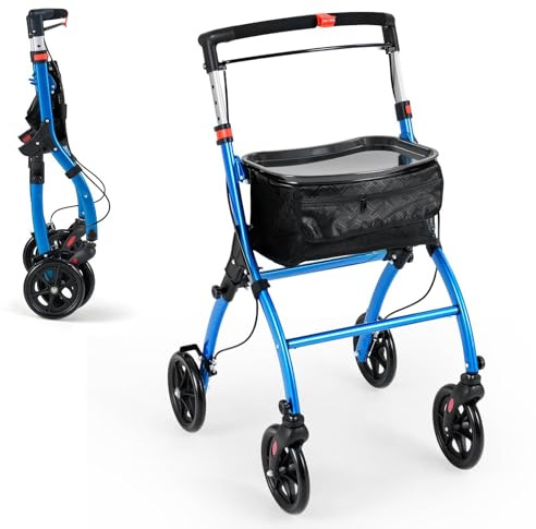 GYMAX Folding Rollator Walker for Elderly, 4 Wheel Narrow Walking Aid with Removable Tray, Basket and Brakes, Adjustable Lightweight Rollator for Disabled (Blue)