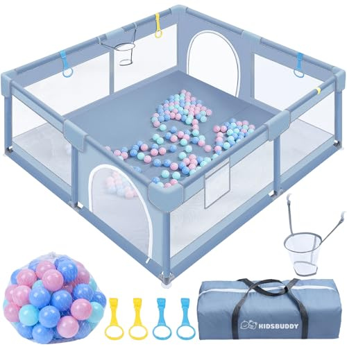 Verdego Laufstall Baby 150 x 180 x 66 cm, Laufgitter Baby, Laufstall Faltbar mit Zugringen, Bällen, 210D Oxford, Atmungsaktivem Netz, Sicherheitsspielplatz Schutzgitter für Kinder (Hellgrau)