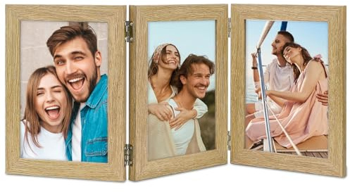ROYUEXT Bilderrahmen Collage 10x15cm Holz klappbar Dreifach-Bilderrahmen | Grundfarbe Fotorahmen 3 Bilder zur vertikalen Platzierung auf dem Schreibtisch
