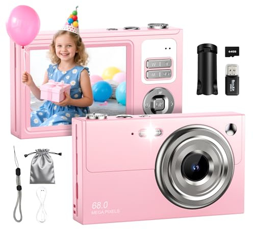 Digitalkamera 4K 64MP Fotokamera 16X Digitalzoom Kamera, Vlogging Fotoapparat Kompaktkamera mit 2,8 LED Bildschirm, 64G Micro Speicherkarte, 1 Akku für Kinder Teenager Studenten Anfänger