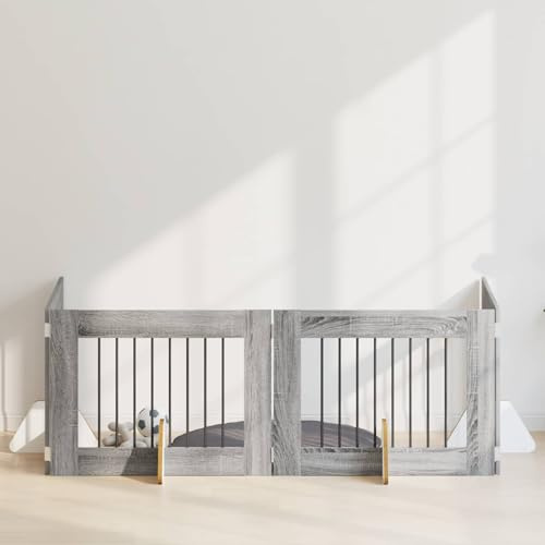 QUAHEAS Hundetor mit Ständern 4-teilig faltbar Metall und Holz 80 x 60 cm graues Sonoma für drinnen und draußen als Hundezwinger und Welpen Auslauf mit modularer Absperrung