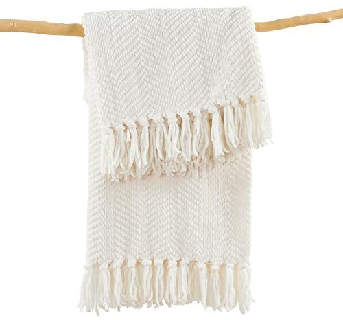 Home Soft Things Weiße Überwurfdecke, gestrickter Tweed-Überwurf, 127,7 x 152,4 cm, Antikweiß, super weich, gemütlich, warm, bequem, atmungsaktiv, Überwurf für Wohnzimmer, Stuhl, Couch, Bett, Sofa,