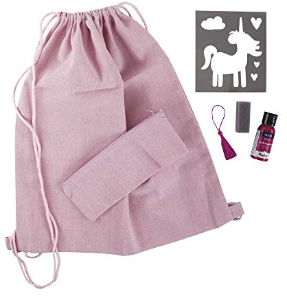 Rayher 53994000 Turnbeutel Einhorn Bastelpackung, 38 x 42 cm und Stiftetasche, 21 x 8 cm mit Schablone, Quaste, Farbe und Malschwamm zum Verzieren, rosé