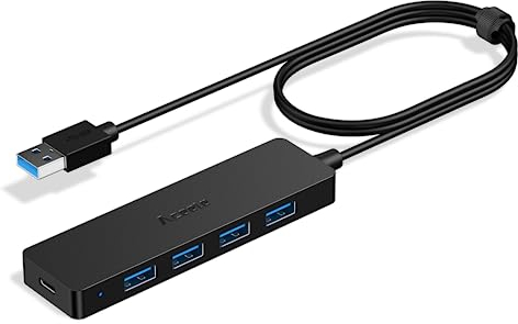 Aceele Hub USB 3.0 con 4 Puertos USB 3.0 & USB Tipo C Carga,Cable extensión de 65cm Adaptador USB Ultradelgado para Transmisión de Datos (5Gbps), Compatible con MacBook Air,Xbox/PS5/HDD móvil y más