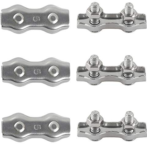 M5 Morsetto Duplex Morsetto Cavo a Fune Acciaio Inox 304 Fune Metallica Clip 2 Bulloni per Cavi per Funi Filo Stendibiancheria per Esterno Fisse Vele da Sole 6 pezzi