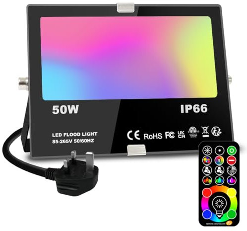 Jayool LED Floodlight Outdoor 50W 5000LM, Flood Lights Colour Changing, 120 RGB Colours- Warm White-Timing-Remote Control - 5 Modes, IP66 Waterproof, UK 3-Plug (1 Pack)