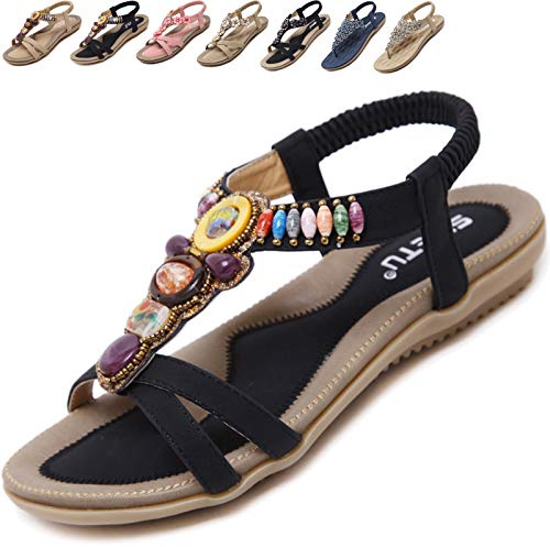 Acfoda Sandali Donna Estive Tacco Bassi Comode Eleganti Infradito Gioiello Ciabatte da Spiaggia Casual Antiscivolo Scarpe con Strass Negro 38 = Produttore Dimensione 39