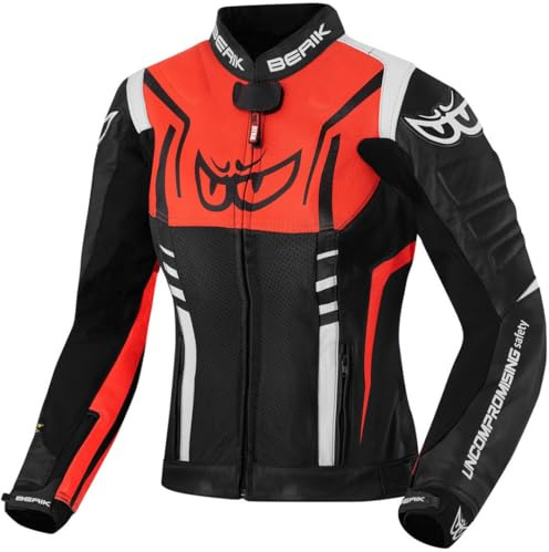 Berik Striper Damen Motorrad Lederjacke, schwarz/weiß/rot, 38
