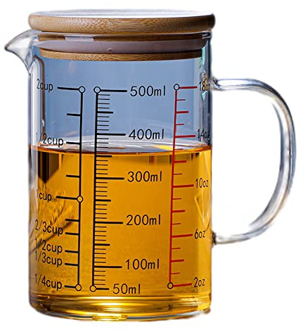 OnePine 500ml Glasmessbecher mit Deckel, Messbecher aus Glas Hitzebeständig, Messbecher mit Skala Perfekt zum Küche Bar Restaurant