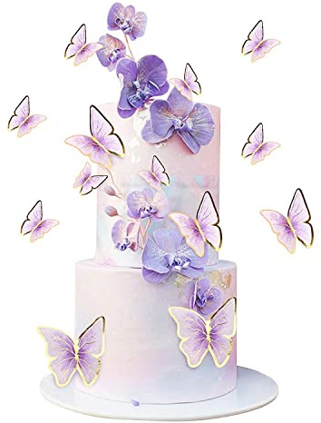 Blumomon 30Pcs Lively 3D Butterfly Cake Topper Decorations Purple Gold Edge Mixed Size Butterfly Cupcake Picks for Girls Women's Happy Birthday Wedding Party Cake Wall Party Food Decorations