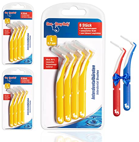 One Drop Only – Blister Interdentalbürsten 3 x 8er 0,7 mm (L), Effektive Plaque-Entfernung mittels Dentalbürsten, Zahnseide Stick für optimale Zahnreinigung, 2 Gratis-Zahnzwischenraumbürsten (S & M)