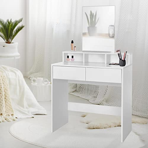 ML-Design Schminktisch, Frisiertisch mit rechteckigem Spiegel und 2 Schubladen, 80 x 40 x 140 cm, Weiß, modern, Kosmetiktisch mit 3 offenen Fächern, Frisierkommode Schminkkommode Kommode Make-up Tisch